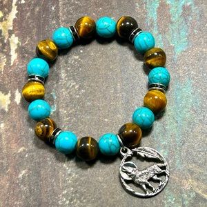 Handmade Wolf Charm Bracelet with Tiger Eye & Turquoise!